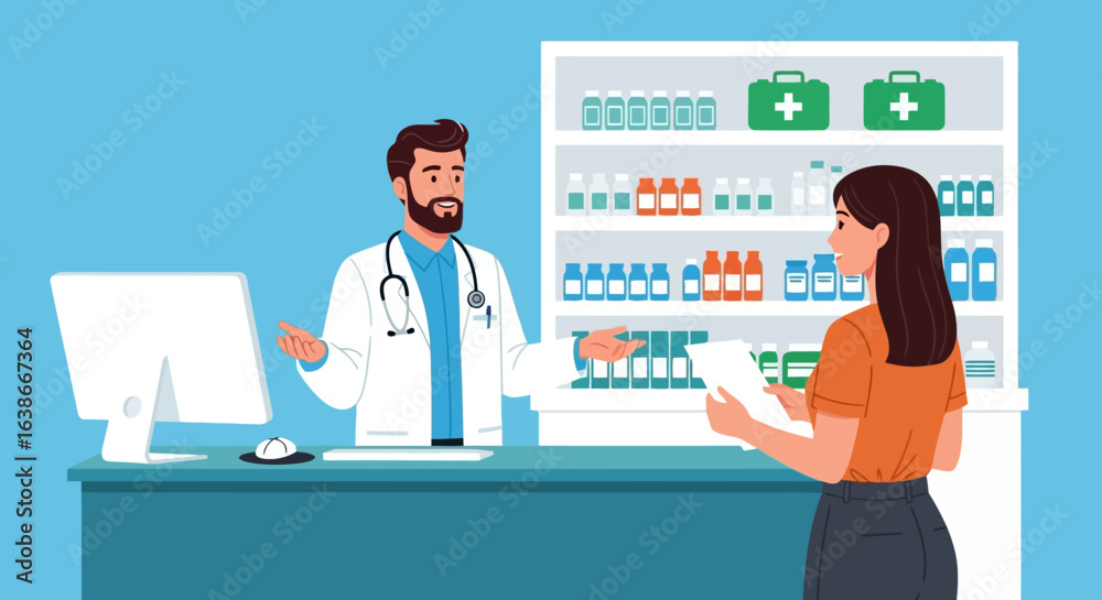 A friendly male pharmacist assisting a female customer with her prescription medication in a modern drugstore interior. A friendly male pharmacist assisting a female customer with her prescription medication in a modern drugstore interior.