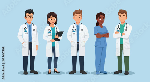 Vector illustration of a diverse medical team with doctors and a nurse standing together. Professional healthcare staff character set.