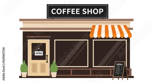 Illustration of a charming coffee shop exterior with an 'Open' sign, highlighting a warm and inviting atmosphere for patrons seeking coffee and relaxation.