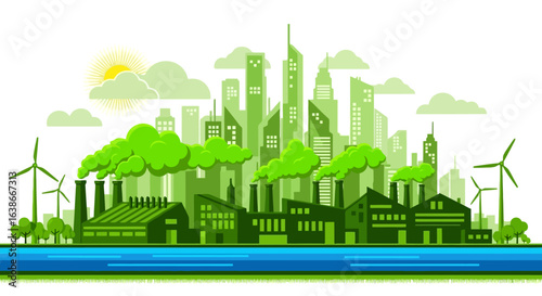 Vector illustration of a sustainable metropolis with green industry, modern architecture, and renewable energy sources.