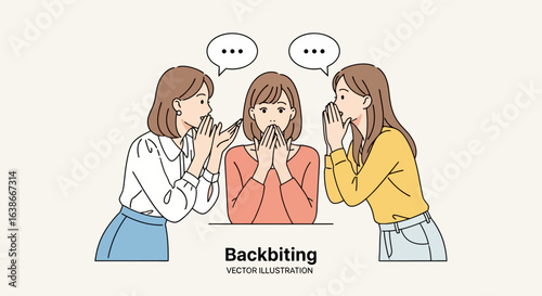 A vector illustration depicting backbiting and gossip, with two women whispering rumors to a shocked and distressed friend.