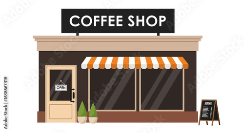 Coffee shop building exterior with a storefront facade. Flat vector illustration of a small local business or cafe.