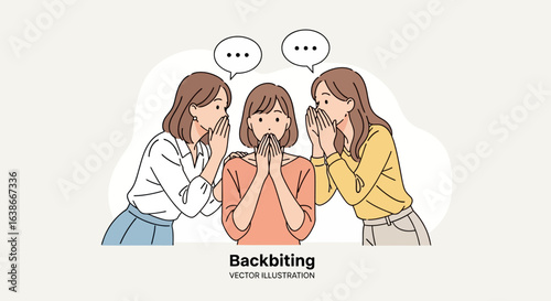 Two young women whispering secrets and spreading malicious rumors to a shocked friend. Vector illustration of backbiting and social gossip.