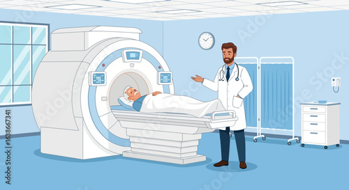 Doctor discussing an MRI scan procedure with a senior patient in a modern clinic. Medical diagnostics illustration.