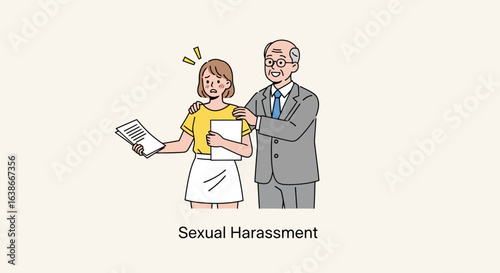 Illustration of an older manager inappropriately touching a female employee, depicting sexual harassment and workplace misconduct.