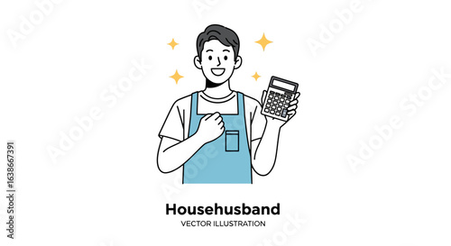 Vector illustration of a proud househusband in a blue apron holding a calculator, symbolizing smart home budgeting and savings.
