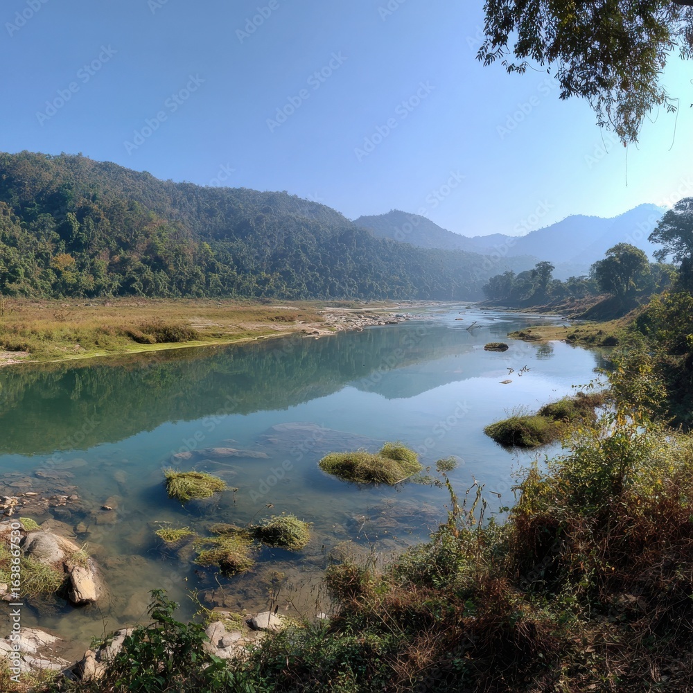 Naklejka premium High-quality photo of panorama of kosi river in jim corbett national park india.