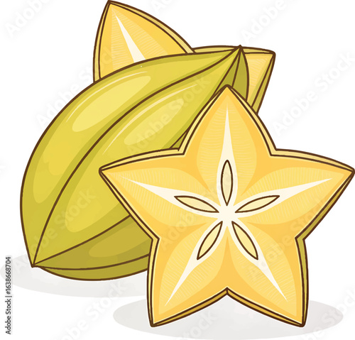Close-up flat lay image of a whole and sliced star fruit, showcasing its vibrant yellow and green hues against a white background, conveying a fresh and healthy mood.