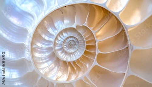 Luminous Nautilus Shell Cross-Section with Pearlescent and Golden Spiral Chambers