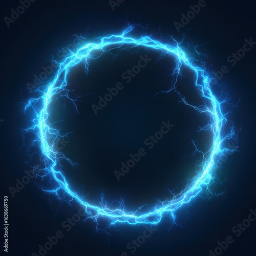 Stunning photo of electric blue lightning frame with plasma portal on dark background. Round glowing sphere with neon strikes. Energy circle border with flash spark effects.