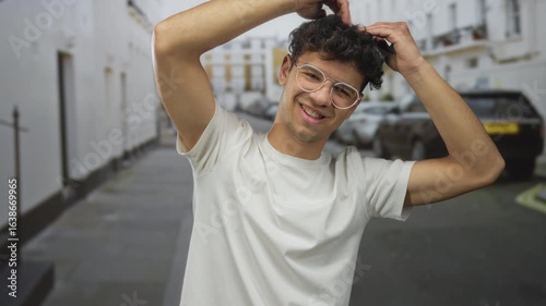Young man with round metal frame glasses adjusts curly hair above his forehead against parked cars on a city street; joy.
