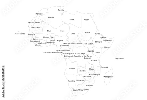 Minimalist Outline Map of Africa with Country Borders | Simple and Clean Line Art Vector for Modern Designs