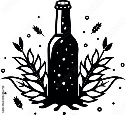 Illustration of a beer bottle surrounded by wheat and leaves isolated on white background