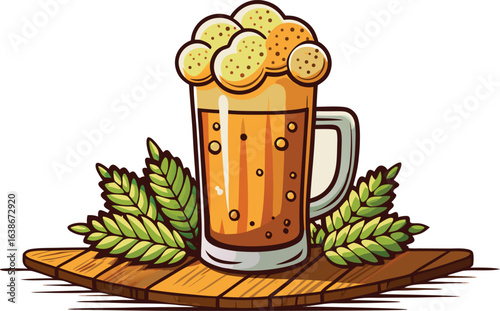 A frothy beer mug on a wooden table with hop leaves isolated on white background