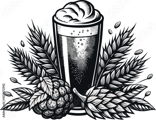 Illustration of a beer glass with wheat and hops isolated on white background, vintage style