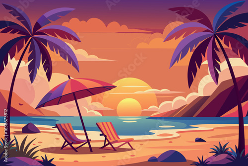 A tranquil beach scene at sunset with palm trees, beach chairs, and an umbrella on a tropical island