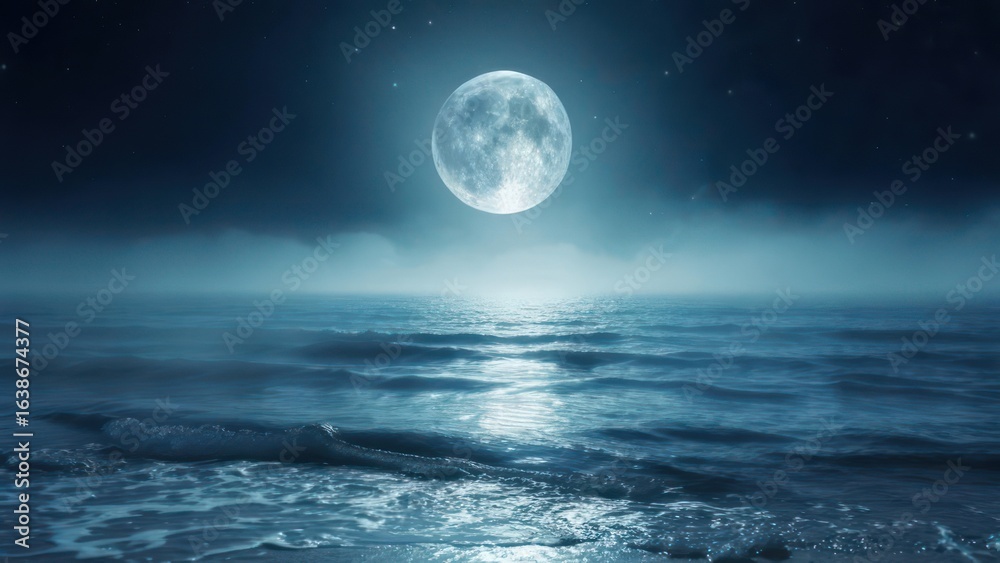 Fototapeta premium Ethereal Full Moon Shines Over Misty Ocean Waves Under Starry Night Sky