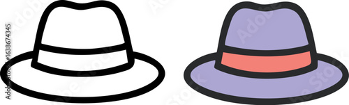 Two Fedora Hats One Outline One Colored.