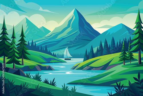 A serene mountain landscape with a sailboat gliding on the river, surrounded by lush greenery