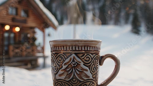 Close-up of a Cozy Winter Mug with Steam Outdoors, Snowy Mountain Cottage in the Background