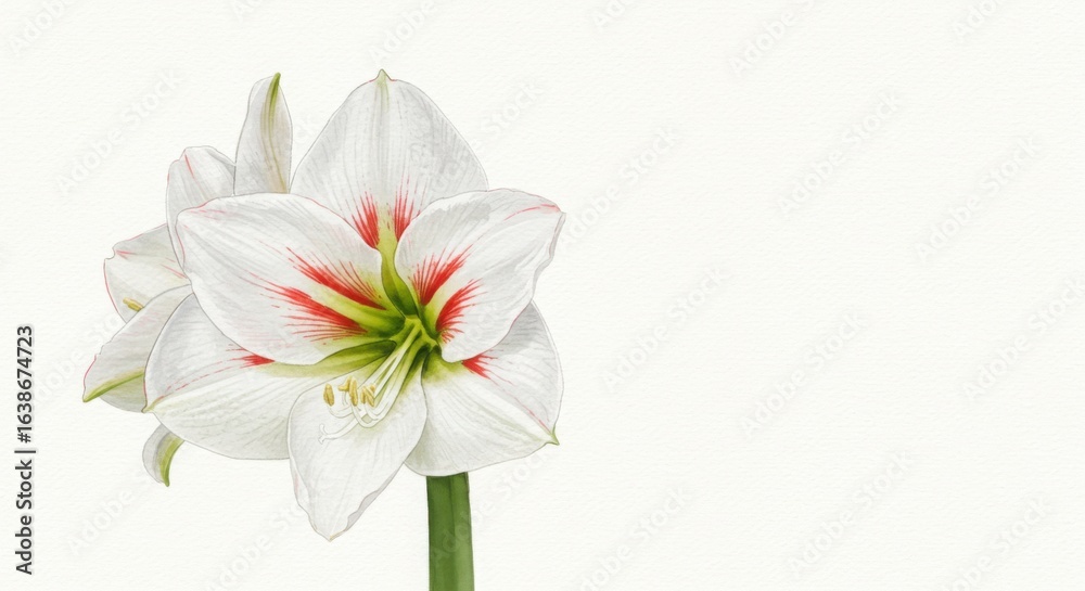 Obraz premium A close-up of a white amaryllis in full bloom, its delicate petals touched with a hint of crimson, watercolor painting style, on a clean white background with minimalist composition