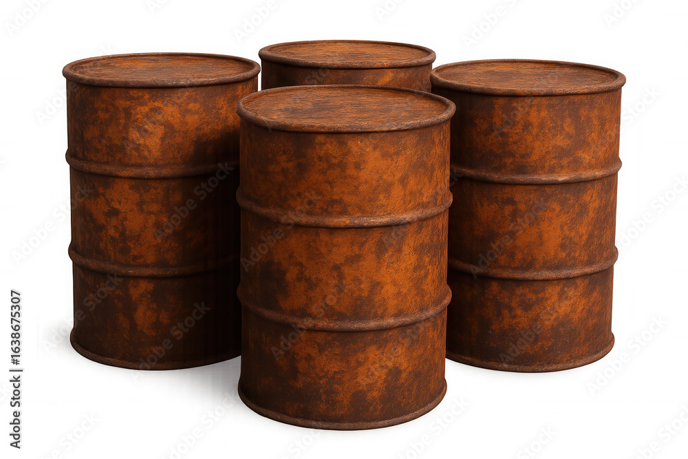 Weathered industrial metal barrels positioned against stark background, conveying aged storage and potential environmental hazard Weathered industrial metal barrels positioned against stark background, conveying aged storage and potential environmental hazard