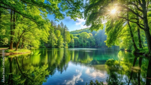 A serene lake nestled among tall trees with vibrant green foliage and sunlight filtering through the leaves , reflection