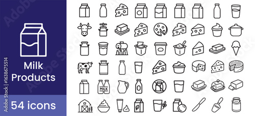 Dairy and milk products icon set with 54 line style illustrations including milk, dairy, cheese, butter, yogurt, cream, cow, farm, lactose, and carton symbols for grocery packaging, food labels