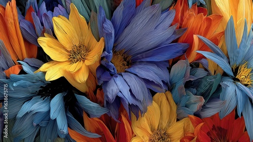 Vibrant floral arrangement featuring colorful petals in shades of blue, yellow, and orange