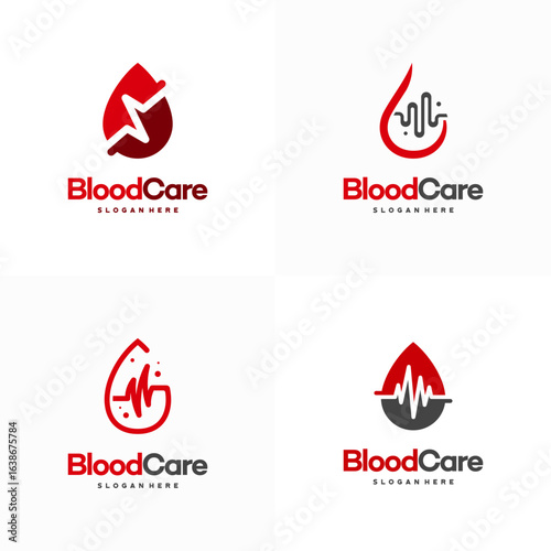 Set of Blood Care Logo designs, Blood with Pulse symbol icon vector