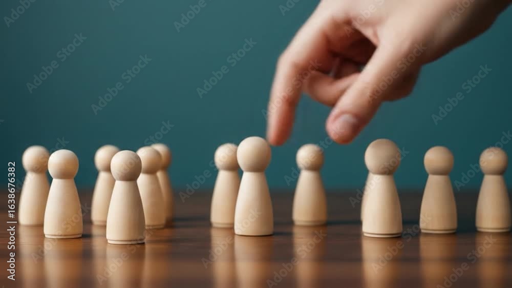 Strategic leadership hand placing wooden figure among group achieving success Strategic leadership hand placing wooden figure among group achieving success