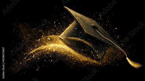 A graduation cap levitates amidst a swirling golden glitter, black background