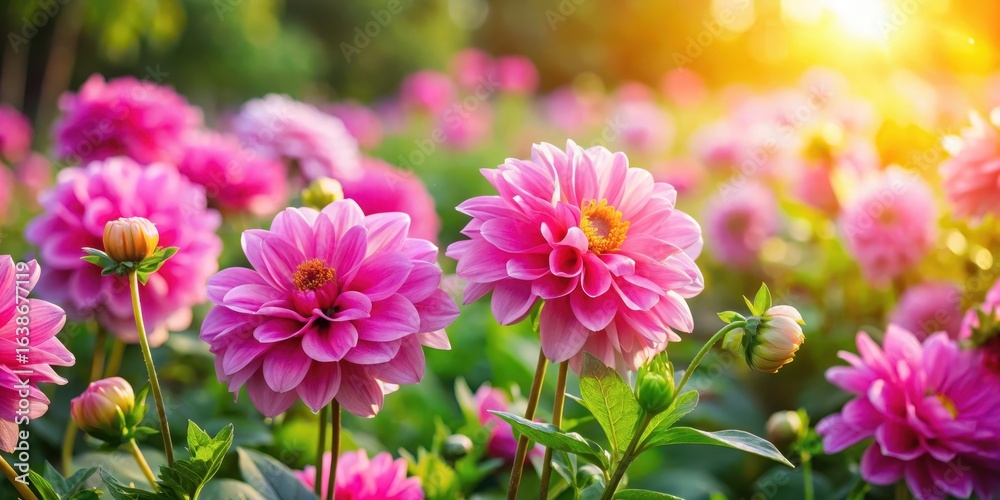 Colorful pink flowers start blooming in a lush garden with bright sunshine and gentle breeze, pink flowers, vibrant garden Colorful pink flowers start blooming in a lush garden with bright sunshine and gentle breeze, pink flowers, vibrant garden