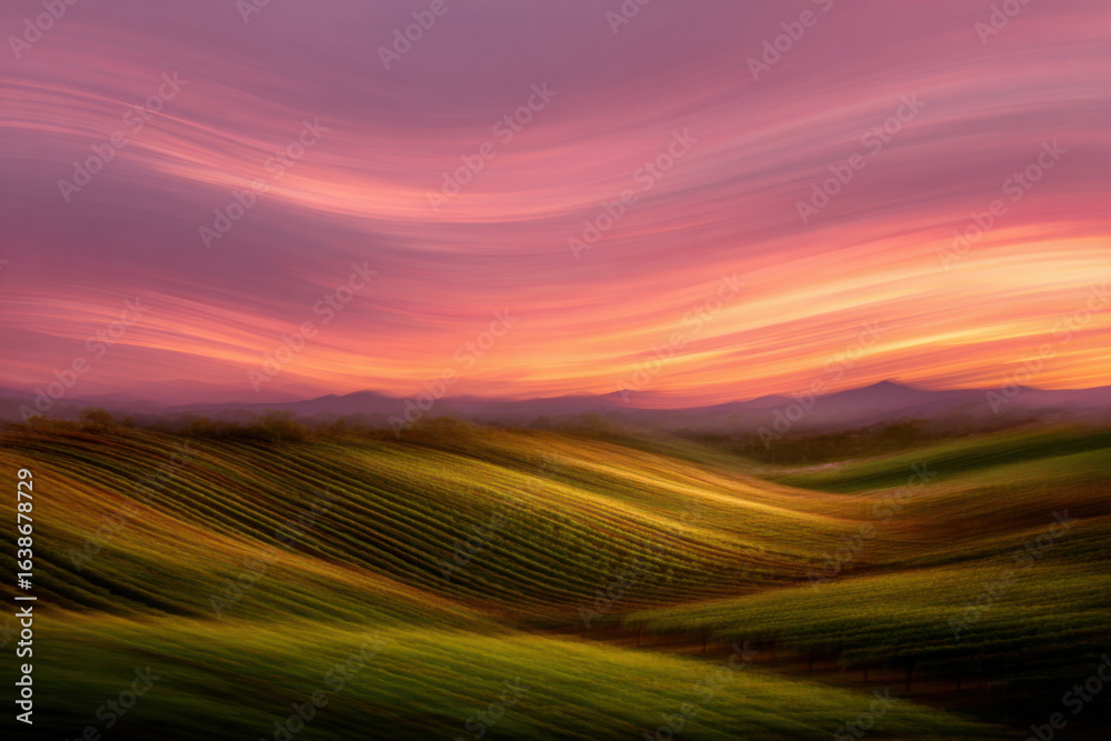Obraz premium Rolling green hills under a bright sky with soft white clouds drifting across the horizon.