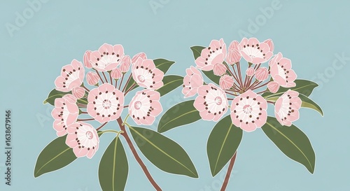 A charming illustration of two blooming Mountain Laurel flower clusters with pink petals and green leaves on a light blue background.