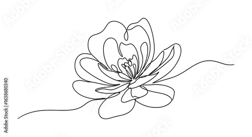 A minimalist lotus flower drawn in a single continuous line art style on a white background.