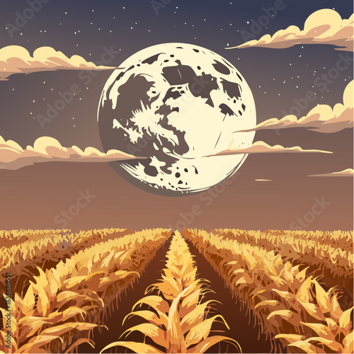 vector illustration of a harvest moon rising over a golden wheat farm with warm glowing sky and peaceful rural landscape for autumn seasonal design