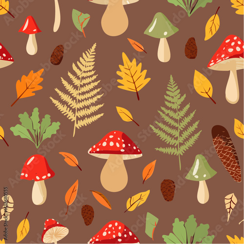 detailed vector illustration of a seamless forest-floor microcosm with plants, fungi, insects, and soil layers for nature and ecological design