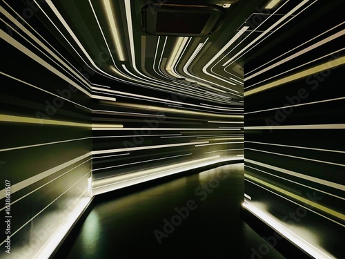 A futuristic, dimly lit tunnel with glowing yellow-gold stripes racing across the walls and ceiling, creating a sense of motion and a sci-fi atmosphere