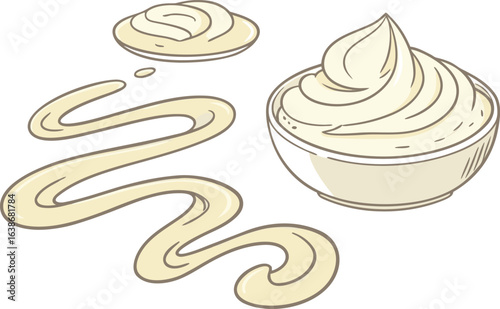 Delicious mayonnaise in a bowl and on a plate with a decorative swirl perfect for food blogs and recipe illustrations, adding a creamy touch to any culinary design