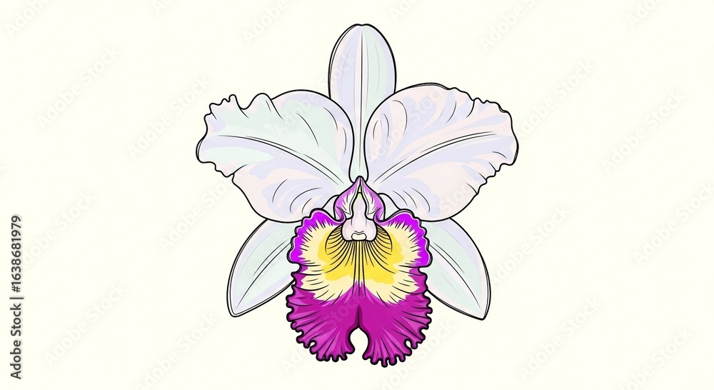 Fototapeta premium An elegant botanical illustration of a blooming Cattleya orchid with white petals and a vibrant purple and yellow lip.