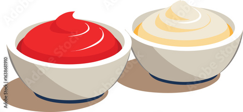 Enjoy tangy ketchup and creamy mayonnaise served in stylish bowls, perfect for dipping fries or adding flavor to your favorite sandwich, a condiment lover's dream come true