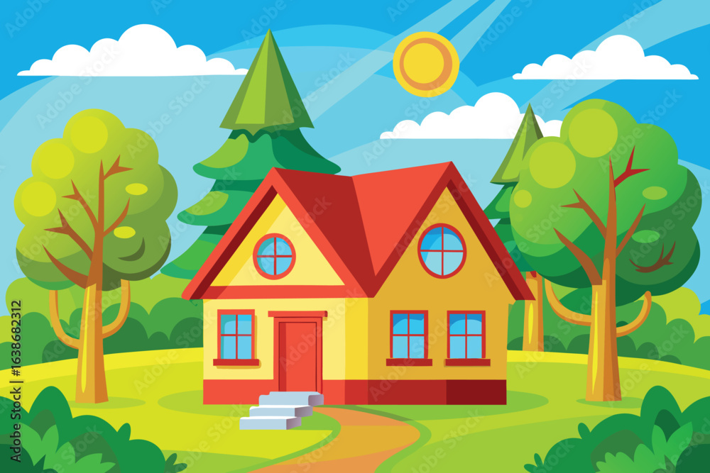 Naklejka premium Charming cartoon house nestled in a sunny green landscape beckons with warmth and cheerfulness, perfect for children's stories, educational materials, and delightful family-friendly designs