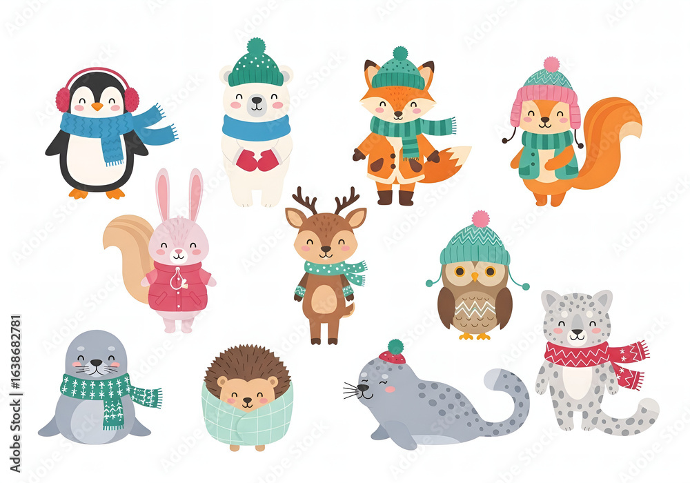 Fototapeta premium A charming collection of cute forest and arctic animals celebrating the winter season in cozy hats and scarves.