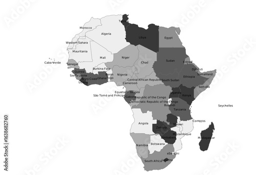 Grayscale Political Map of Africa with Country Labels | Monochrome Vector for Reports and Education