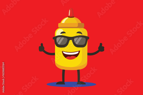 Cool mustard bottle cartoon character with sunglasses gives thumbs up, perfect for fun food branding, kids menus, or playful advertising campaigns, adding a cheerful vibe