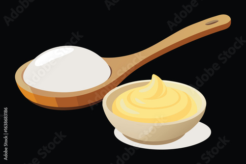 Creamy mayonnaise in bowl with wooden spoon holding dollop, adding a touch of delicious flavor to your culinary creations, perfect for healthy recipes and tasty sauces, food prep goodness