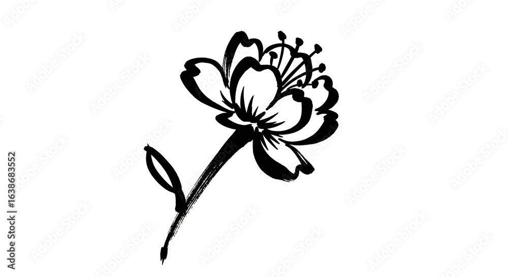 Obraz premium A simple black ink illustration of a single blooming flower with a stem and leaf, drawn in a minimalist brush stroke style.