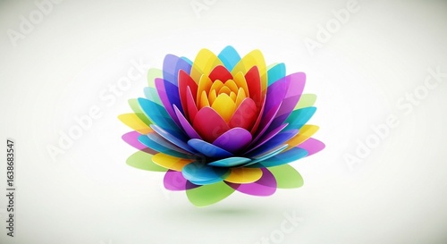 A vibrant, multi-colored lotus flower with overlapping, translucent petals on a white background.