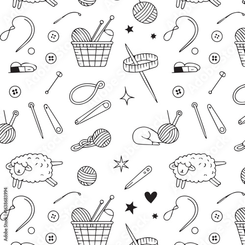 seamless knitting and sewing pattern with sheep yarns needles buttons measuring tape pincushion hearts vector background